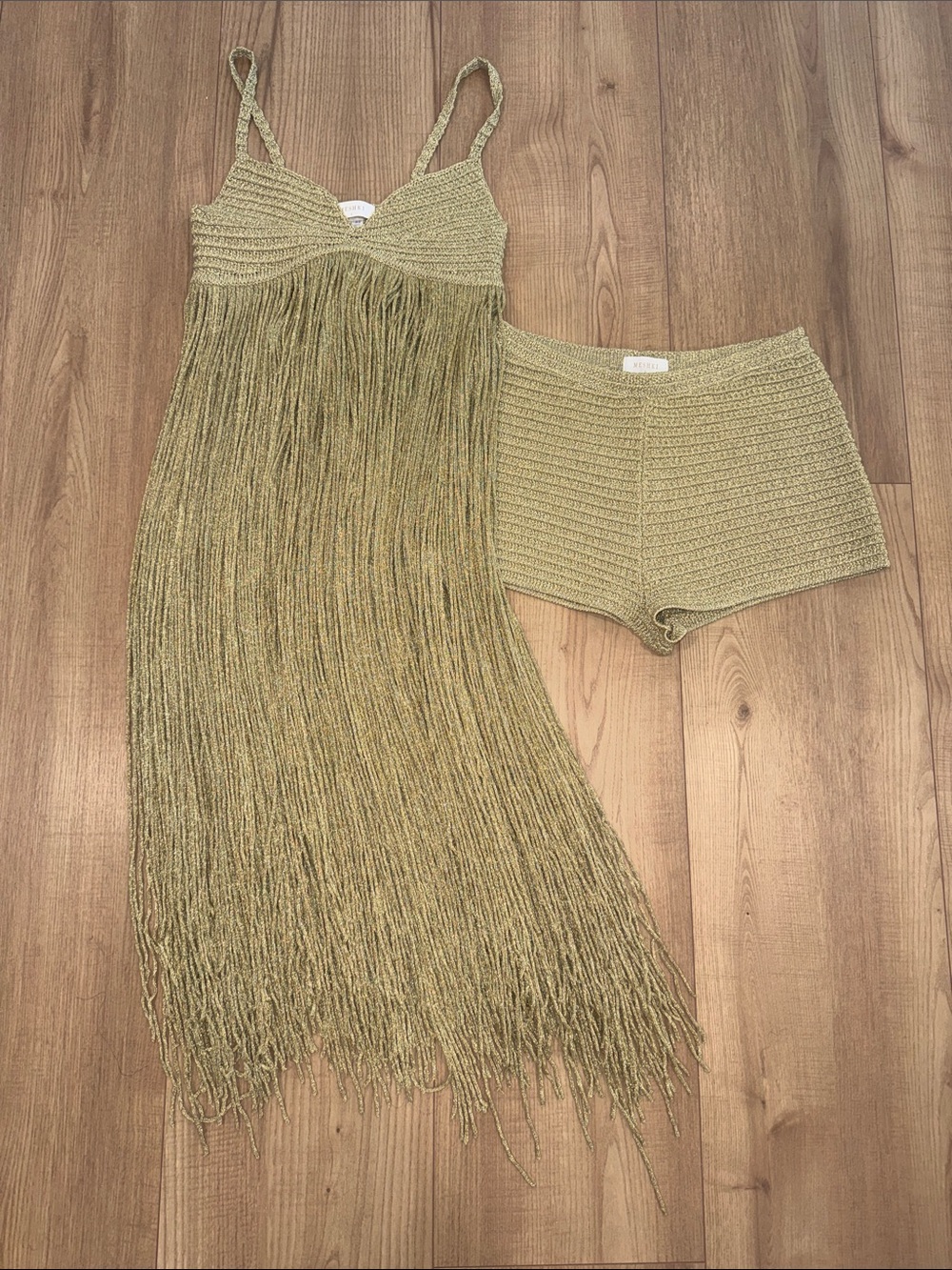 Meshki Olive Gold Crochet Fringe Camisole Set